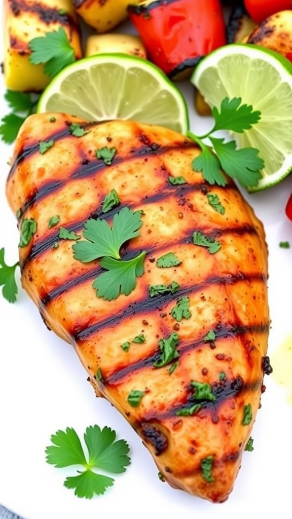 Grilled cilantro lime chicken breast garnished with cilantro and lime wedges, served with colorful grilled vegetables.